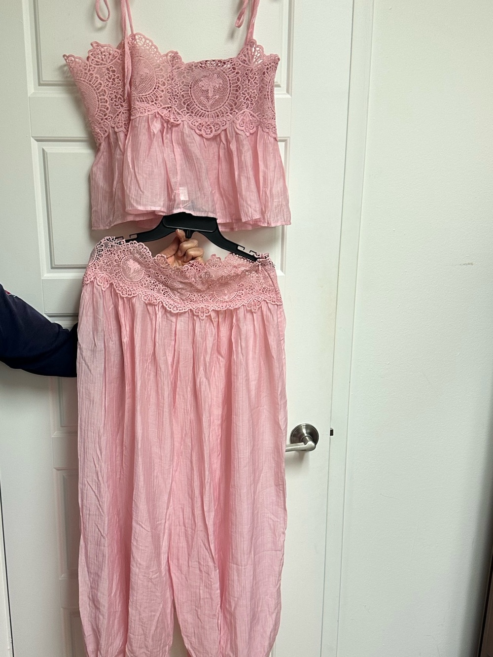 Pink Lace Two-Piece Pants and Top Set